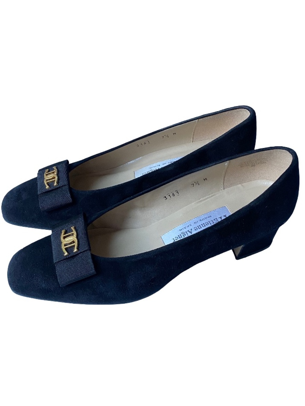 Etienne Aigner classic suede Fiesta brass horseshoe bow block heels size 7.5